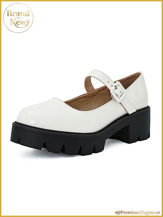 Shoes - Women's Round Toe Ankle Strap Mary Janes Platform Low Heel Chunky Pumps